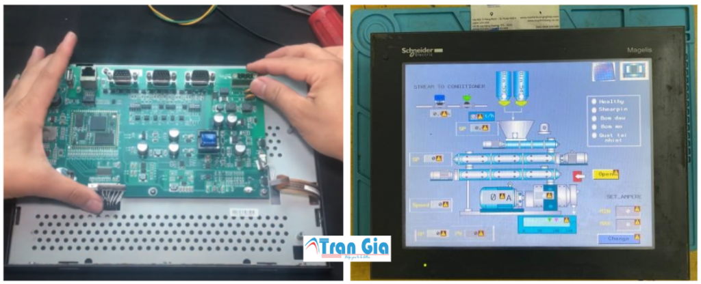Hình ảnh màn hình HMI công nghiệp đang được sửa chữa tại Trần Gia Automation