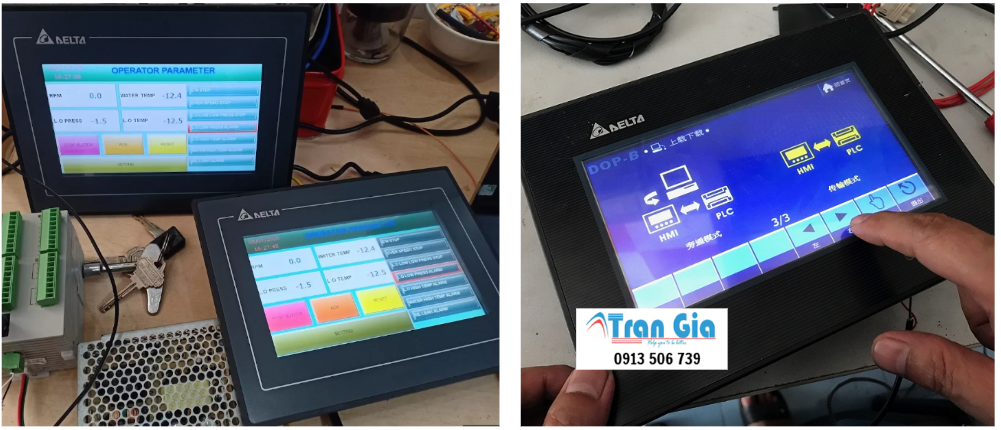Hình ảnh màn hình HMI đang trong quá trình sửa chữa tại TRAN GIA