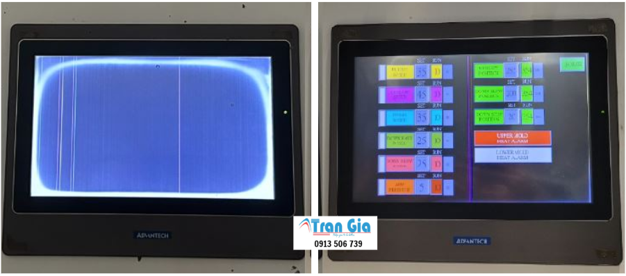 Hình ảnh màn hình HMI đang trong quá trình sửa chữa tại TRAN GIA Automation