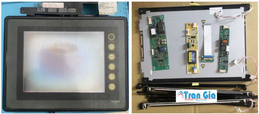 Hình ảnh màn hình HMI đang trong quá trình sửa chữa tại TRAN GIA Automation 