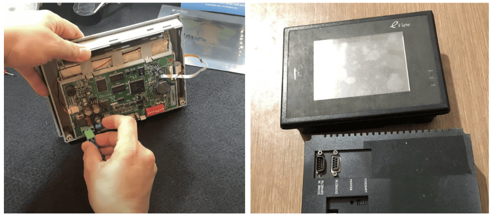 Hình ảnh màn hình HMI đang trong quá trình sửa chữa tại TRAN GIA Automation