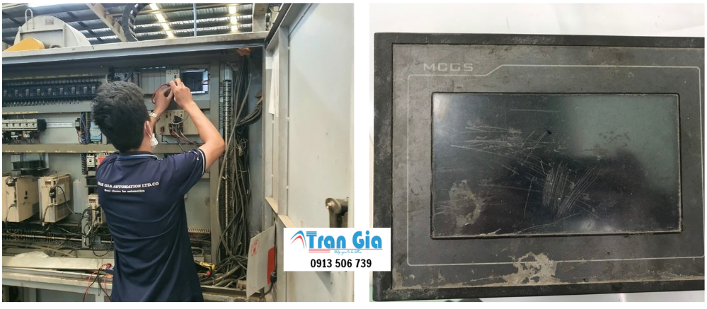 Hình ảnh màn hình HMI đang trong quá trình sửa chữa tại TRAN GIA Automation